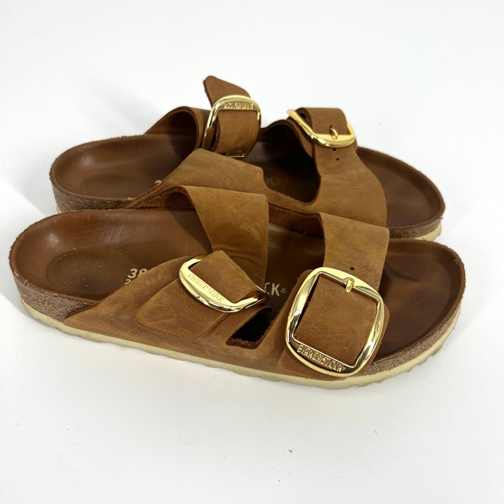 Birkenstock Arizona Big Buckle Cognac Nubuck Leather Sandals Gold Hardware 38